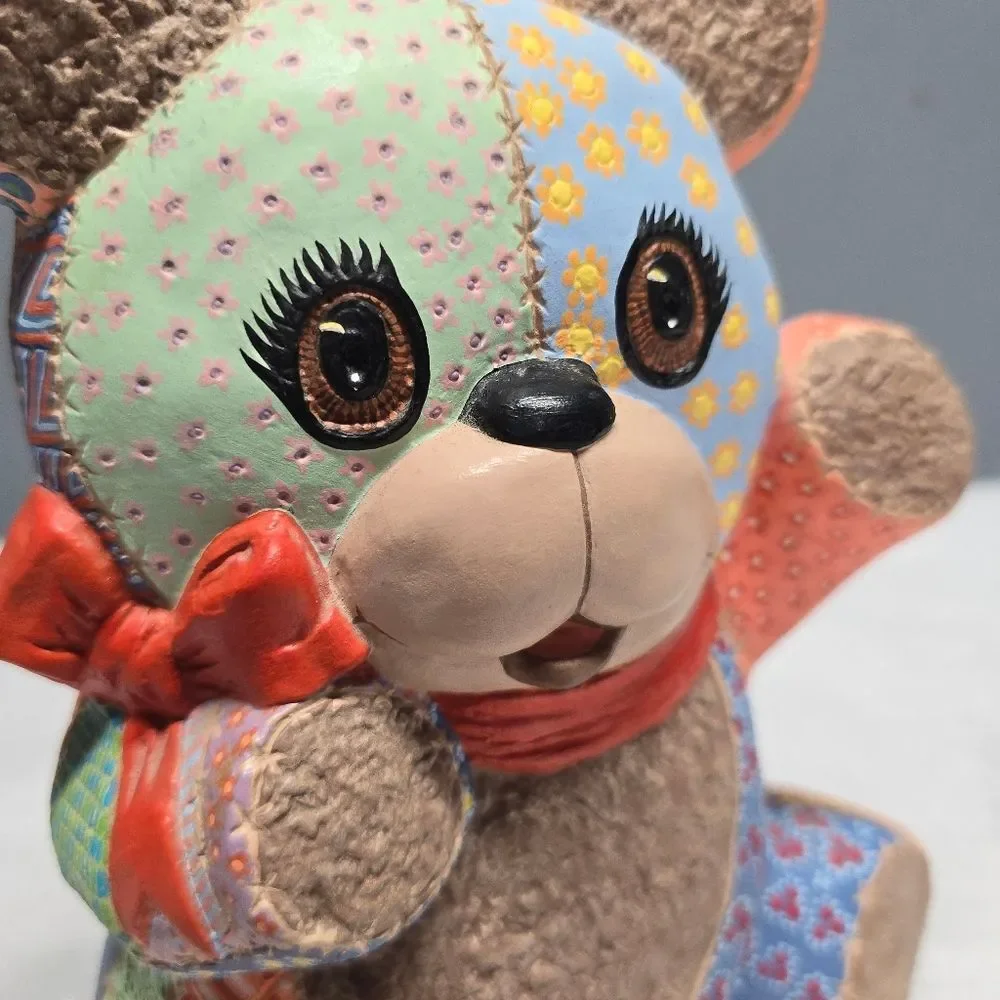Pottery Patchwork Teddy Bear Figurine Nursery Baby Room Decor Vintage 80s Signed